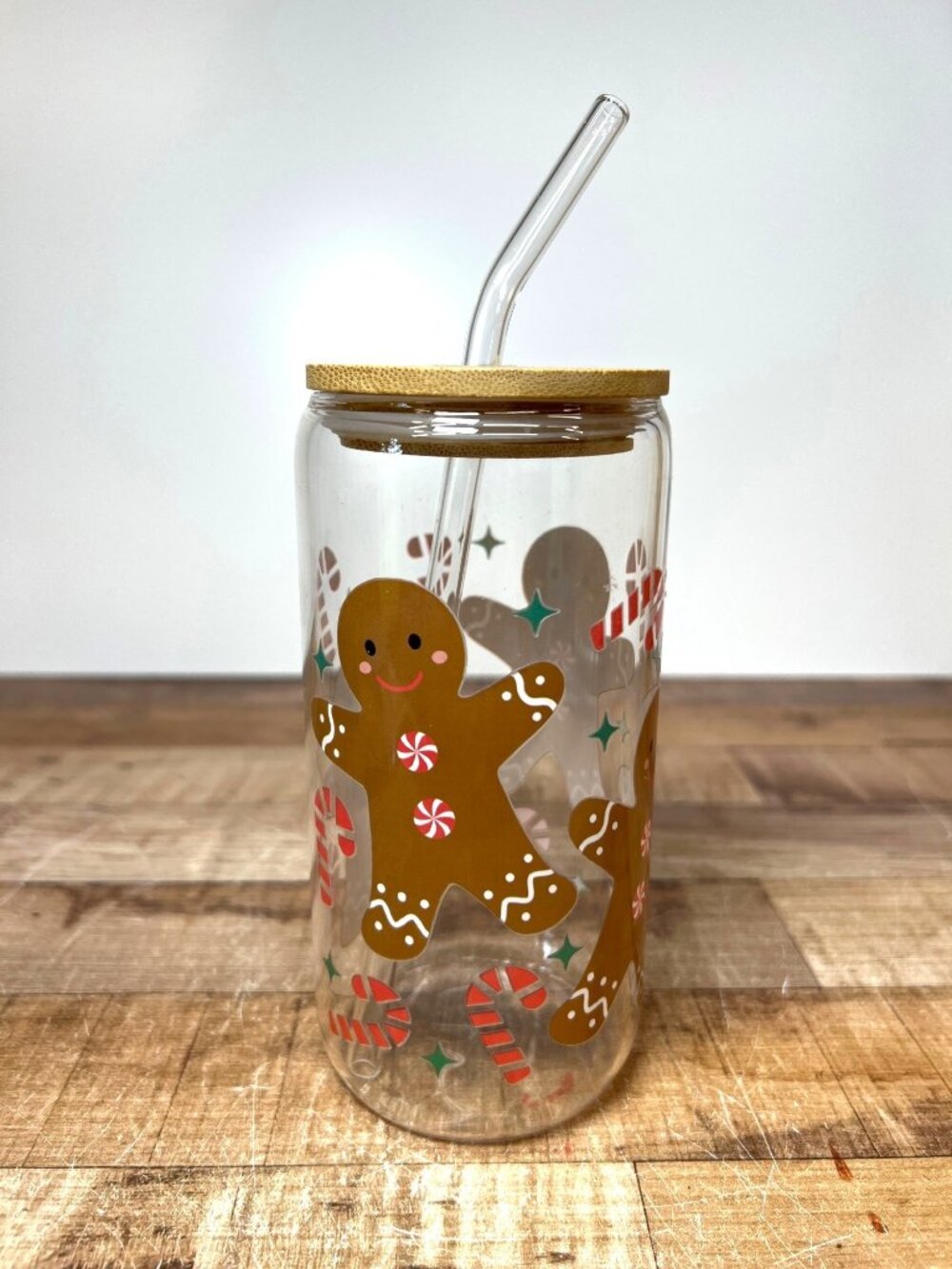 Gingerbread-Themed Glass Tumbler With Bamboo Lid & Glass Straw - Holiday Design